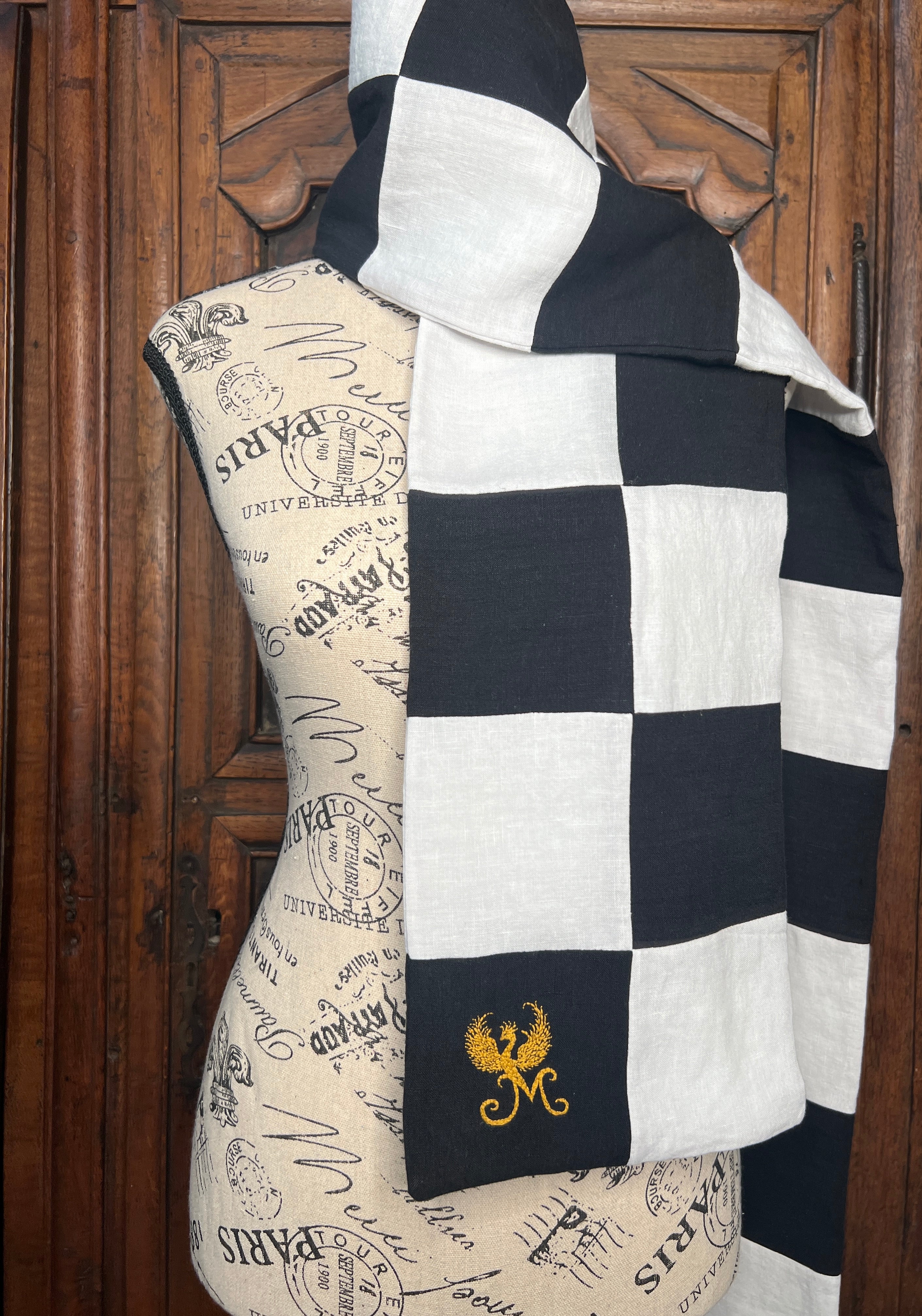 La Maison de Phoenix Elegant Organic Scarf in Checkerboard Black & White 72"x8"