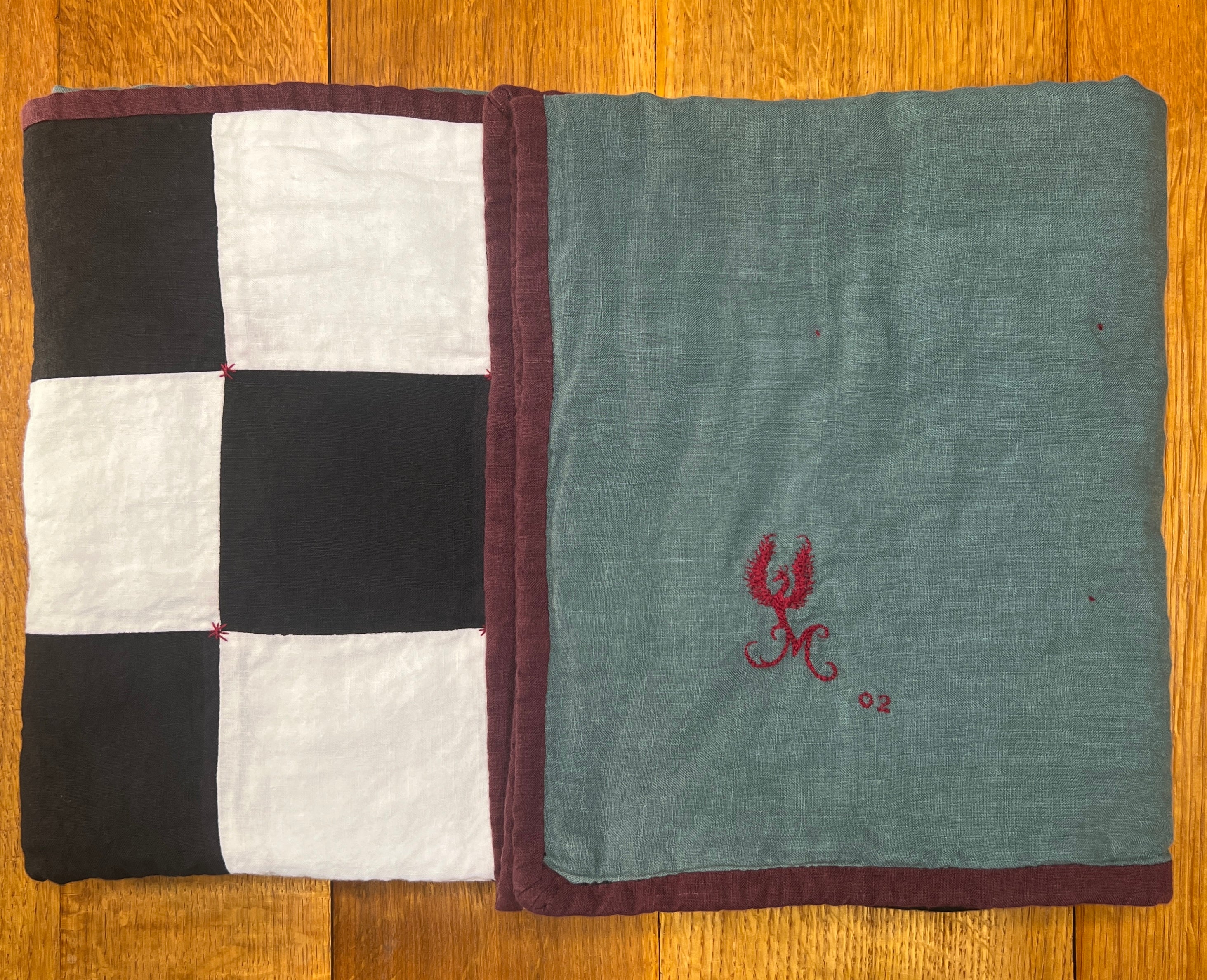La Maison de Phoenix Baby Quilt #2 Black, White, Burgundy Syrah, and Teal Green