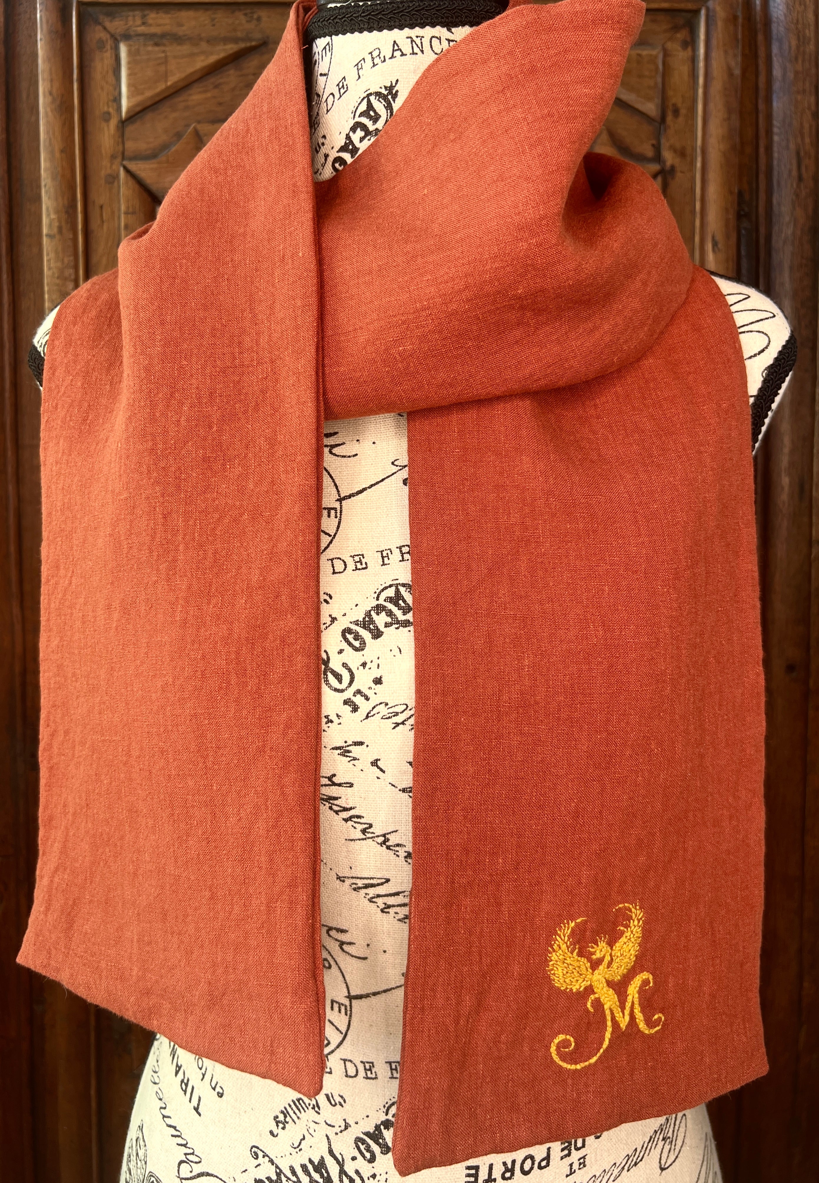 La Maison de Phoenix Elegant Organic Linen Scarf in Autumn Sienna 68” x 6.5”