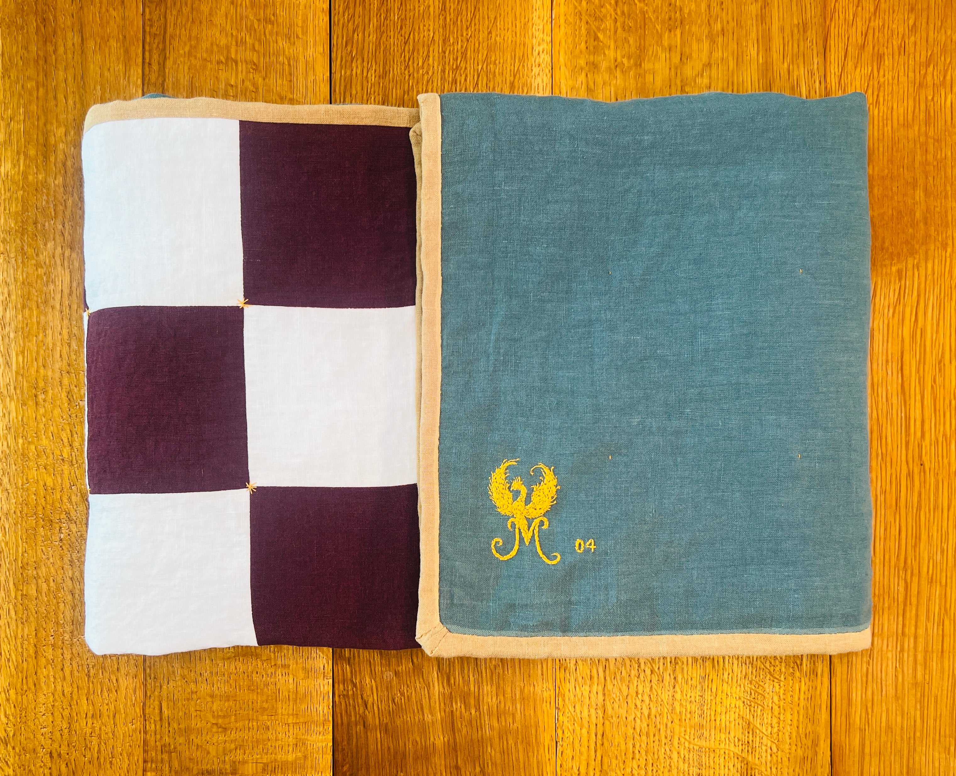 La Maison de Phoenix Baby Quilt #4 Burgundy Syrah, White, Golden Tan, and Teal Green