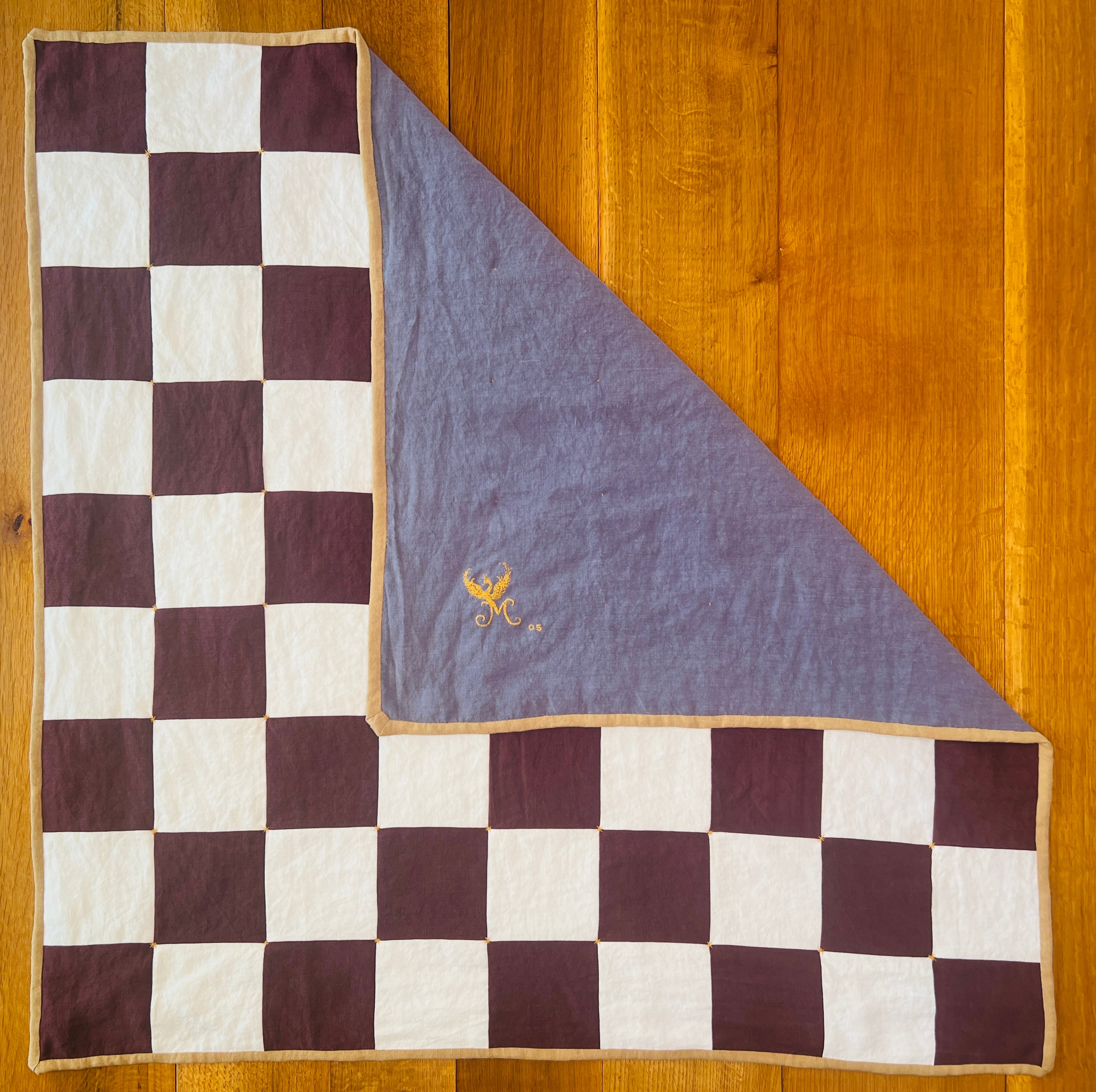 La Maison de Phoenix Baby Quilt #5 Burgundy Syrah, White, Golden Tan, and Heathered Lilac