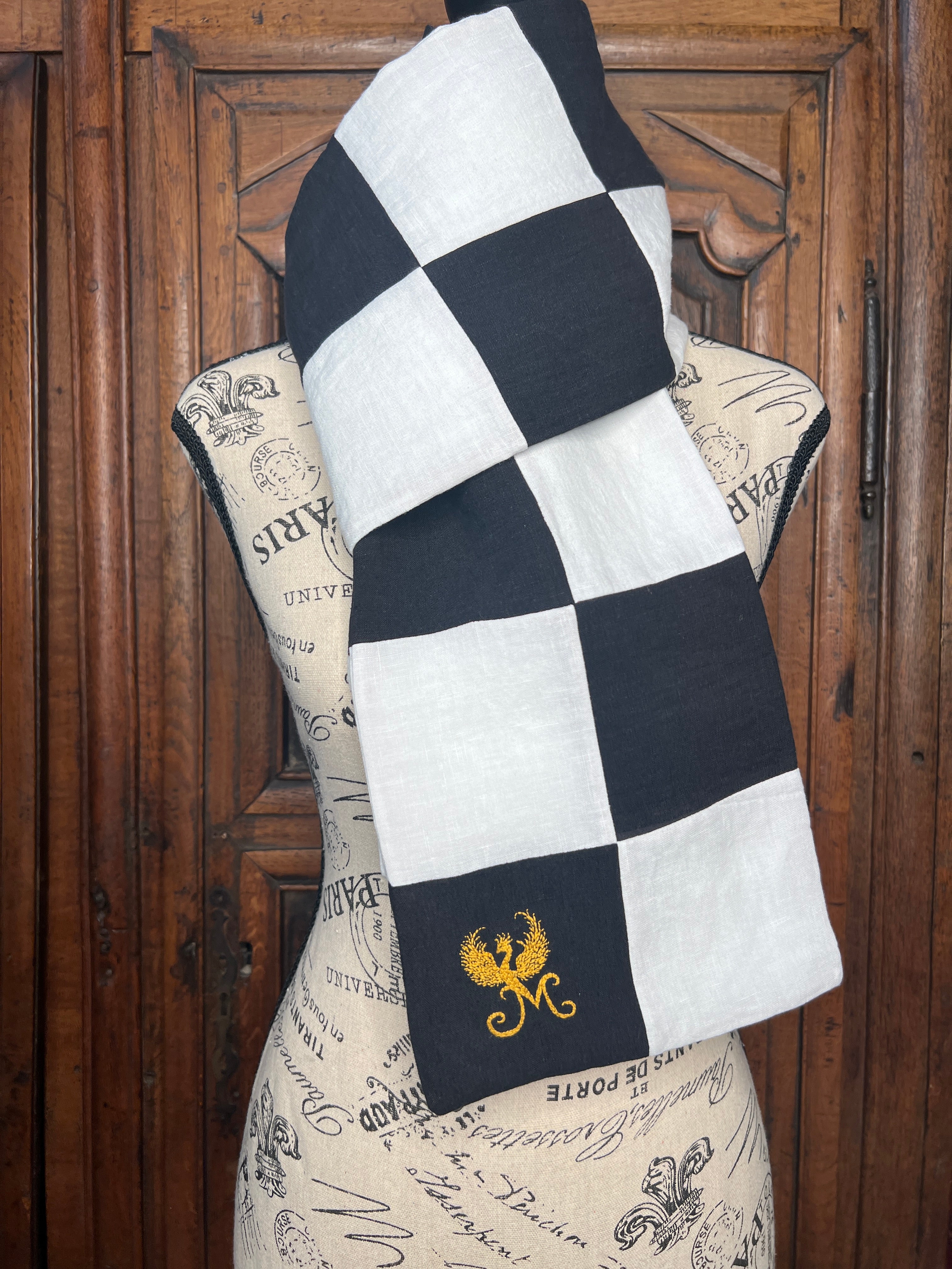 La Maison de Phoenix Elegant Organic Scarf in Checkerboard Black & White 72"x8"