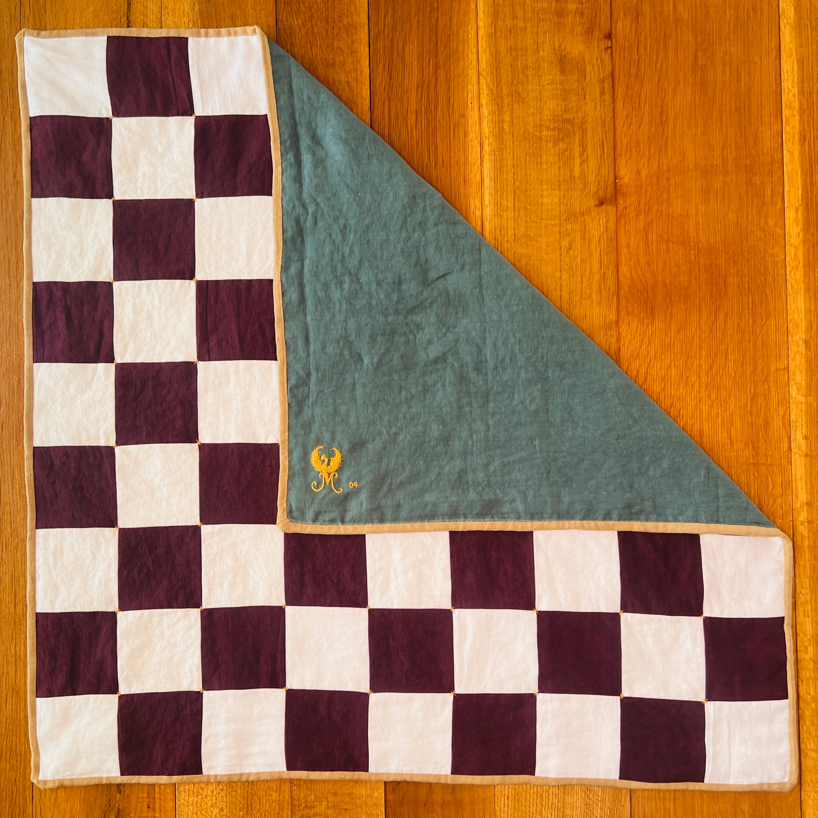 La Maison de Phoenix Baby Quilt #4 Burgundy Syrah, White, Golden Tan, and Teal Green