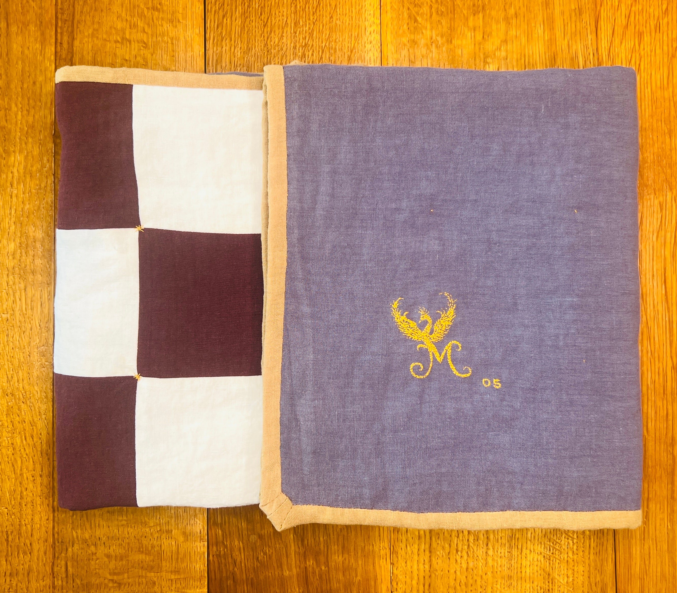 La Maison de Phoenix Baby Quilt #5 Burgundy Syrah, White, Golden Tan, and Heathered Lilac