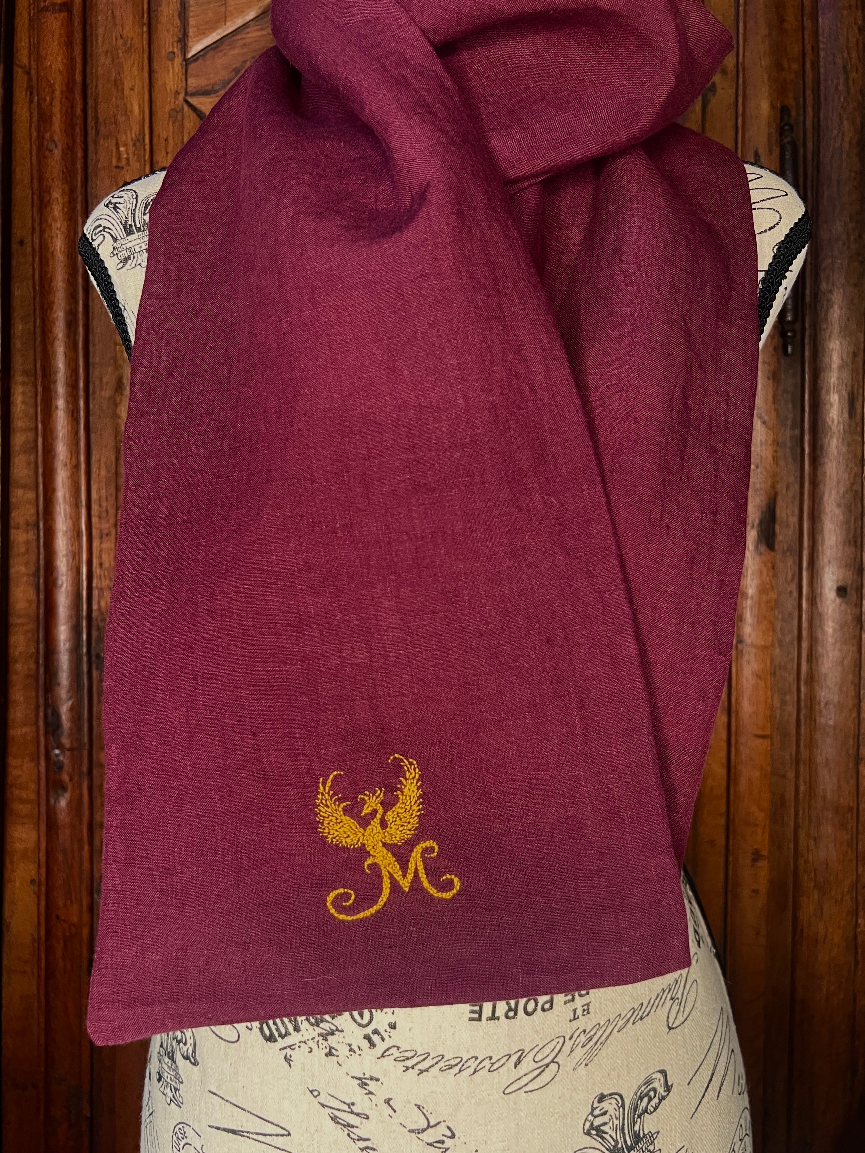 La Maison de Phoenix Elegant Organic Linen Scarf in Burgundy Syrah 66”x8.5”