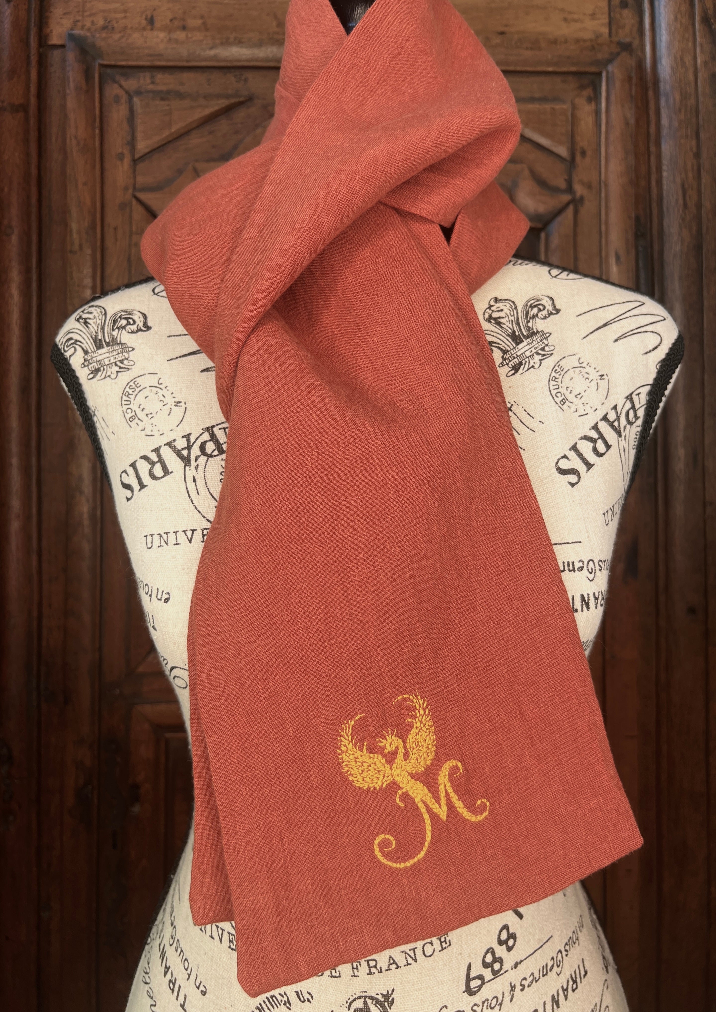 La Maison de Phoenix Elegant Organic Linen Scarf in Autumn Sienna 68” x 6.5”