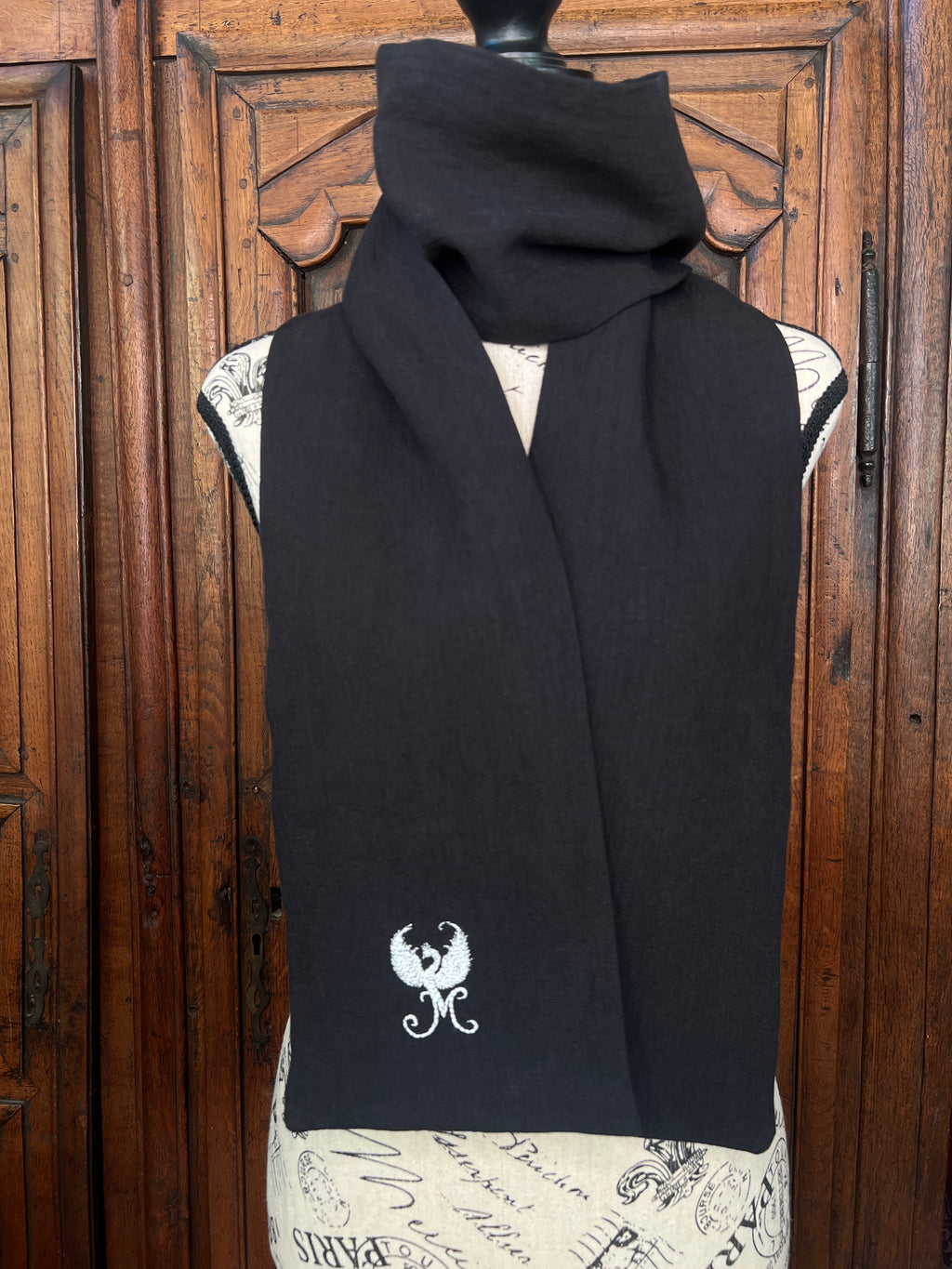 La Maison de Phoenix Elegant Organic Linen Scarf in Black 67"x6.5"