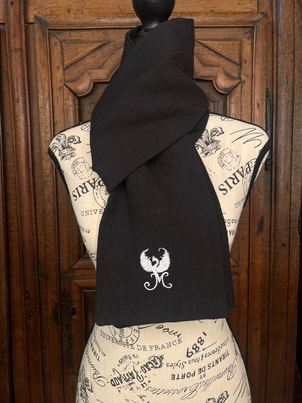 La Maison de Phoenix Elegant Organic Linen Scarf in Black 67"x6.5"
