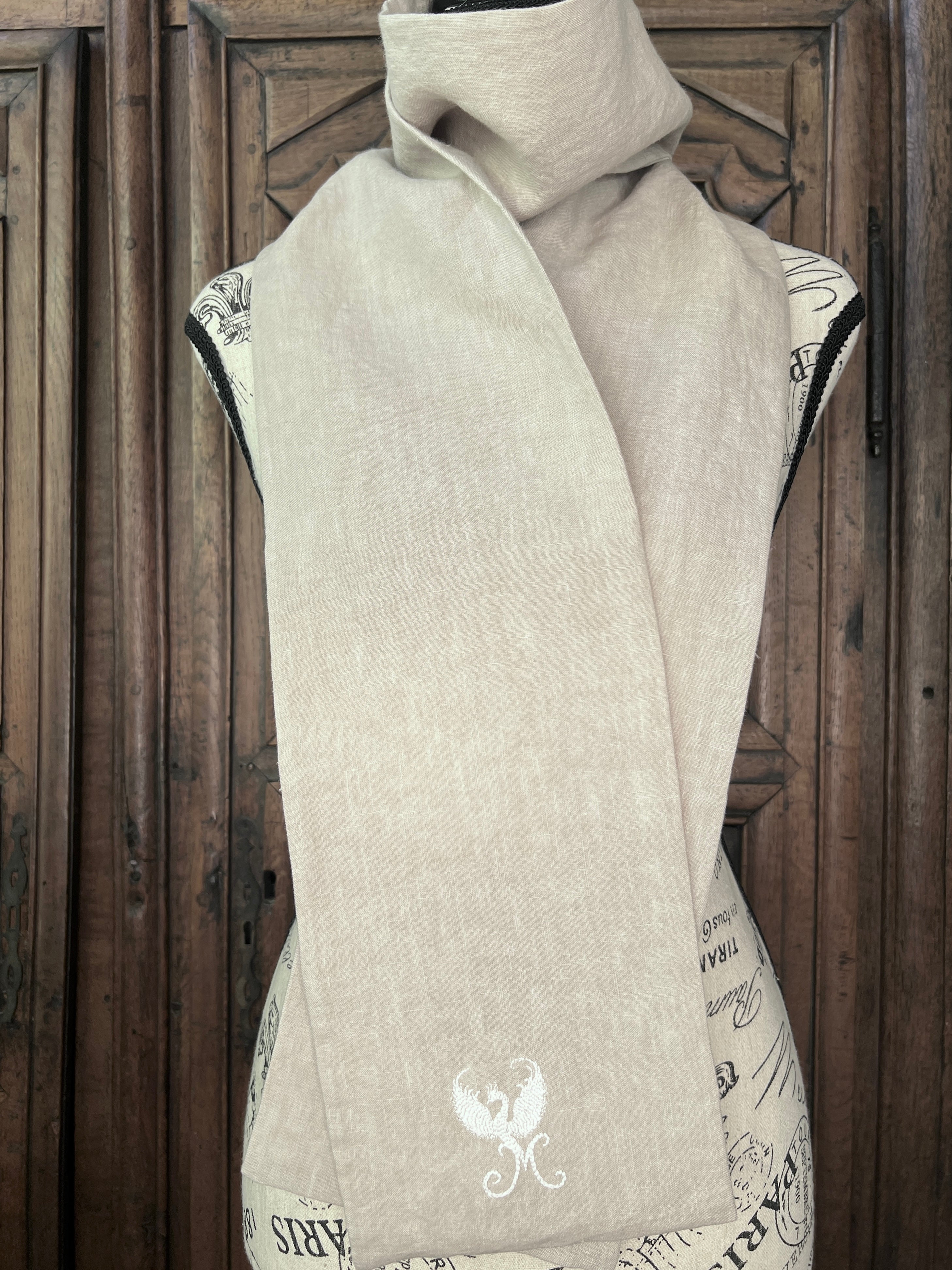 La Maison de Phoenix Elegant Organic Linen Scarf in Natural Beige 74"x6.5"